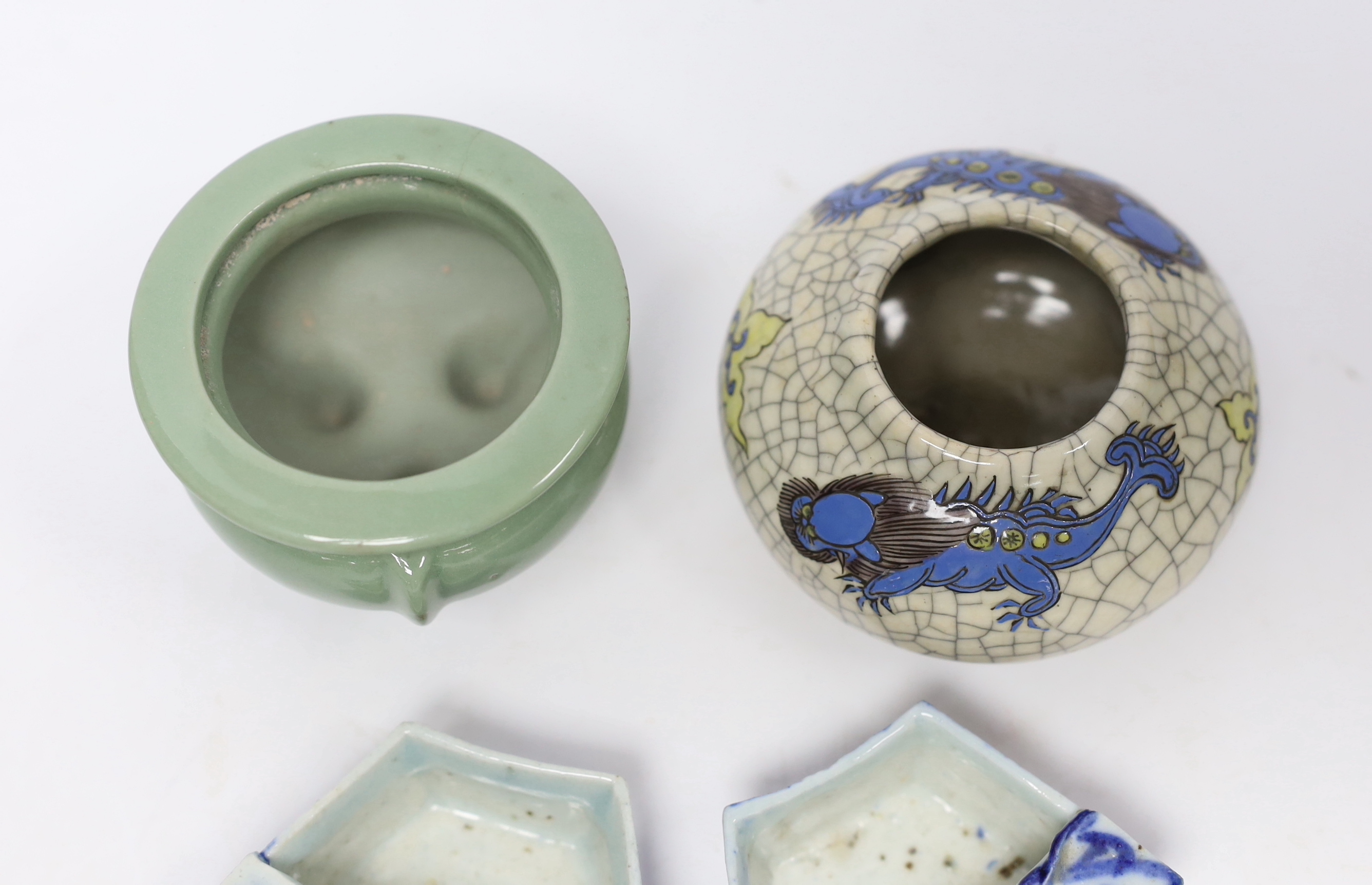 Four Chinese ceramic items; a celadon glazed tripod censer, a miniature vase and two incense holders, censer 5.5cm high